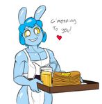  &lt;3 anthro apron clothing daredemon7000 english_text food hair lagomorph male mammal pancake rabbit sketch smile solo standing text 