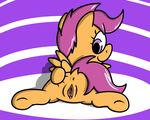  2016 abstract_background anus cub digital_media_(artwork) equine feathered_wings feathers female feral friendship_is_magic fur hair horse mammal my_little_pony nude pegasus pokefound pony purple_hair pussy scootaloo_(mlp) simple_background smile solo wings young 