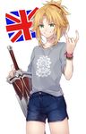  \n/ blonde_hair casual citron_82 clarent contemporary fate/apocrypha fate/grand_order fate_(series) flag green_eyes grin hair_ornament hair_scrunchie mordred_(fate) mordred_(fate)_(all) ponytail red_scrunchie scrunchie shirt shorts smile solo sword t-shirt union_jack united_kingdom weapon wristband 