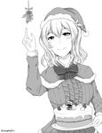  blush bow bowtie cake capelet character_doll commentary contemporary curly_hair english_commentary face_mask food greyscale hat highres holly kantai_collection kashima_(kantai_collection) long_hair mask monochrome robba-san_(wangphing) santa_costume santa_hat solo sweater twintails twitter_username wangphing 
