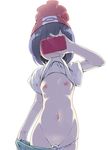  bangs beanie blush breasts cellphone commentary_request covering_eyes cowboy_shot full-face_blush groin hat hips holding holding_phone kago_no_tori lifted_by_self mizuki_(pokemon) mouth_hold navel nipples panties panty_pull phone pokemon pokemon_(game) pokemon_sm pussy red_hat self_shot shiny shiny_skin shirt shirt_in_mouth shirt_lift short_hair short_sleeves simple_background small_breasts smartphone solo standing stomach taking_picture underwear white_background white_panties 