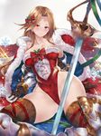 bare_legs bell blush bow breasts brown_gloves brown_hair cleavage crotch embarrassed fur_trim gloves granblue_fantasy granblue_fantasy_(style) hair_ornament highres katalina_aryze large_breasts long_hair looking_at_viewer lying on_back santa_costume solo sword thighhighs thighs tokopi weapon white_background 