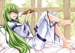  absurdres artist_name barefoot bed_sheet blush bodysuit buckle c.c. code_geass crossed_legs eating feet food full_body green_hair highres holding_pizza leg_up lips long_hair looking_at_viewer lying mashima_hiro on_bed parted_lips pillow pizza plantar_flexion scan shiny shiny_hair sidelocks sitting smile soles solo straitjacket thigh_strap white_bodysuit wide_sleeves yellow_eyes 