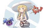  bag bangs bare_arms blonde_hair blunt_bangs braid closed_mouth collarbone collared_dress cosmog dress duffel_bag gen_4_pokemon gen_7_pokemon green_eyes handbag hat highres legendary_pokemon lenko lillie_(pokemon) long_hair poke_ball_theme pokemon pokemon_(creature) pokemon_(game) pokemon_sm rotom rotom_dex sleeveless sleeveless_dress sun_hat sundress twin_braids white_dress white_hat 