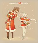  1boy 1girl 2016 animal_ears arms_behind_back bangs belt belt_buckle black_dress blue_eyes blush boots box braid brown_background brown_footwear brown_hair buckle capelet cat_ears cat_tail christmas closed_mouth dress english facial_mark final_fantasy final_fantasy_xiv from_side full_body fur_trim gift gift_box hat hiding holding holding_gift hood hood_down leaning_forward legs_apart long_hair long_sleeves looking_at_another merry_christmas miqo'te pantyhose pom_pom_(clothes) profile ren-co robe santa_costume santa_hat shoes short_dress signature smile snowing sparkle standing stuffed_toy tail twin_braids white_footwear white_hair white_legwear 