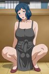  1girl blue_eyes blue_hair blush breasts bulge elzikyuchi erection futanari gundam gundam_build_fighters iori_rinko large_breasts large_penis looking_at_viewer no_bra open_mouth penis photoshop sideboob solo spread_legs squatting sweat testicles 