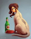  alcohol beverage blue_eyes bone bottle bowl brown_hair dos_equis english_text feline female feral hair hybrid looking_at_viewer looking_back mammal mataknight monster_girl_(genre) outta_sync simple_background sphinx text 