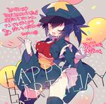  ;d balloon bangs blue_hat blue_jacket blue_legwear blue_skirt blush borrowed_design breasts buttons cowboy_shot cropped_jacket eyebrows_visible_through_hair fang garchomp gen_4_pokemon gloves grey_background hair_between_eyes happy_birthday hat index_finger_raised jacket long_sleeves medium_breasts miniskirt one_eye_closed open_clothes open_jacket open_mouth peaked_cap personification pleated_skirt pokemon purple_hair short_hair short_twintails skirt smile solo standing takashino_(noni-nani) taut_clothes text_focus thighhighs translation_request turtleneck twintails underbust v-shaped_eyebrows white_gloves wide_sleeves yellow_eyes 