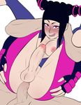  adapted_costume anal black_hair blush breasts capcom dynamo-x feet futa_with_male futanari hair_ornament han_juri legs_up looking_at_viewer penis pink_eyes sex short_twintails sidelocks simple_background soles street_fighter street_fighter_v testicles tied_hair tongue tongue_out twintails 
