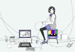  1girl black_hair black_legwear blue_footwear blue_skirt breasts cable commentary_request digital_media_player disc flat_color from_side full_body game_console grey_background grey_vest headphones holding_controller ipod keyboard_(computer) long_sleeves looking_past_viewer looking_to_the_side marker medium_breasts monitor original pantyhose rec shirt shoes short_hair simple_background sitting skirt sneakers solo sweater_vest tablet television vest vest_over_shirt white_shirt wii yokotakumi 