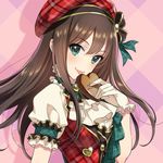  :p beret brown_hair chocolate chocolate_heart cravat gloves green_eyes hat heart highres idolmaster idolmaster_cinderella_girls licking long_hair morikura_en pure_valentine_(idolmaster) shibuya_rin smile solo tongue tongue_out 