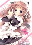  animal_ears bangs blue_eyes blush bow brown_hair cat_ears cat_tail eyebrows_visible_through_hair from_side long_hair long_sleeves looking_at_viewer maid maid_headdress mizuki_(hmndk) original parted_lips pink_bow polka_dot puffy_long_sleeves puffy_sleeves solo tail wavy_hair white_background 