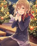  :d bangs beamed_eighth_notes bench black_legwear blush breath brown_eyes brown_hair christmas christmas_garland christmas_lights christmas_ornaments christmas_tree coat commentary eighth_note hair_between_eyes hair_ornament hairpin hands_together highres kunikida_hanamaru long_hair long_sleeves love_live! love_live!_sunshine!! musical_note open_mouth pantyhose sakou_mochi scarf sitting skirt smile solo sparkle striped striped_scarf treble_clef winter_clothes 