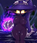  anthro armor big_breasts breasts clothing crossgender eyelashes female gauntlets gblastman gloves glowing glowing_eyes hair hat league_of_legends nipples nude pussy short_stack simple_background solo veigar video_games witch_hat yordle 