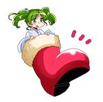  boots green_eyes green_hair hair_bobbles hair_ornament japanese_clothes kisume open_mouth red_footwear santa_boots shinapuu simple_background single_boot smile solo touhou twintails two_side_up white_background wide_sleeves 