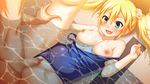  1girl :d artist_request bare_arms blue_eyes blue_swimsuit blush bokura_no_himitsu_kichi_daisakusen_~escape_hito_natsu_no_omoide~ breasts breasts_outside censored clothed_female_nude_male collarbone dice_hair_ornament hair_between_eyes hair_ornament happy_sex hetero leg_up long_hair long_legs medium_breasts mosaic_censoring navel nipples nude open_mouth out_of_frame penis pussy school_swimsuit sex shiny shiny_skin smile solo_focus spread_legs stomach strap_slip swimsuit swimsuit_aside twintails underwater_sex vaginal water water_drop water_surface 