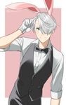  animal_ears blue_eyes bow bowtie bunny_boy bunny_ears fake_animal_ears gloves hair_over_one_eye male_focus natsuko_(bluecandy) silver_hair sleeves_rolled_up smile solo viktor_nikiforov waistcoat white_gloves yuri!!!_on_ice 