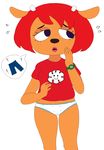  ? breasts caprine clothing eyelashes female hair horn hoshime lammy_lamb lipstick makeup mammal panties pants parappa_the_rapper red_hair sheep short simple_background smut-valerian solo um_jammer_lammy underwear video_games watch white_background 
