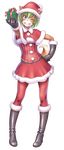  animal_ears black_footwear black_gloves boots dog_ears dog_girl dog_tail elbow_gloves full_body fur-trimmed_boots fur_trim furry gift gloves green_hair grin hand_on_hip hat highres knee_boots one_eye_closed pantyhose pigeon-toed red_legwear santa_costume santa_hat skirt smile solo tail tewatasanaiinu tokyo_metropolitan_police_department transparent_background wokada 