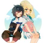  1boy 1girl bag black_hair blonde_hair blush clouds couple green_eyes hat lillie_(pokemon) male_protagonist_(pokemon_sm) pants pokemon pokemon_(game) pokemon_sm ponytail sitting sky sleeping striped_shirt 