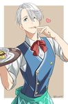  ;p apron blue_eyes bow bowtie finger_licking hair_over_one_eye heart highres licking male_focus natsuko_(bluecandy) one_eye_closed silver_hair solo tongue tongue_out tray viktor_nikiforov waistcoat waiter yuri!!!_on_ice 