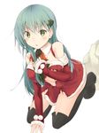  akisaka_yamoka alternate_costume aqua_eyes aqua_hair ascot bare_shoulders black_footwear black_legwear blush boots breasts christmas cleavage detached_sleeves dress hair_ornament hairclip hat highres kantai_collection kneeling large_breasts long_hair sack santa_costume santa_hat short_dress solo suzuya_(kantai_collection) thigh_boots thighhighs torn_clothes 