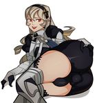  1girl armor ass boots bulge fire_emblem fire_emblem_if futanari gloves hairband long_hair my_unit_(fire_emblem_if) nintendo on_side open_mouth penis red_eyes shorts silver_hair splashbrush testicles 