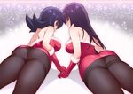  ass bare_shoulders black_hair black_legwear blush breasts fur_trim gloves hizuki_akira large_breasts long_hair looking_at_viewer looking_back multiple_girls natsume_(pokemon) pantyhose pokemon pokemon_(game) pokemon_frlg pokemon_hgss purple_hair red_eyes red_gloves thighband_pantyhose 