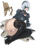  amazon_(company) ass black_dress black_footwear black_hairband black_legwear blindfold boots breasts cameltoe cleavage cleavage_cutout commentary_request dress feather-trimmed_sleeves full_body gloves hairband high_heel_boots high_heels highres leotard long_sleeves medium_breasts mole mole_under_mouth nier_(series) nier_automata panties panzer pod_(nier_automata) robot silver_hair skirt thigh_boots thighhighs thighhighs_under_boots underwear white_leotard yorha_no._2_type_b 