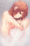  bad_id bad_twitter_id blush breasts brown_eyes brown_hair commentary_request hagiwara_yukiho idolmaster idolmaster_(classic) looking_back medium_breasts narumi_arata nude open_mouth short_hair sideboob snow solo 