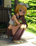  blonde_hair blue_eyes bow building bush commentary day fish_tank grass hair_ornament hairclip hand_on_own_face kagamine_rin leaf leaning looking_at_viewer nokuhashi outdoors plant short_hair shorts solo squatting thighs umbrella vocaloid wood 