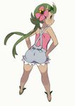  apron ass bad_id bad_twitter_id bare_shoulders blush dark_skin flower from_behind full_body green_eyes green_hair hair_flower hair_ornament hajime_(hajime-ill-1st) hand_on_hip highres legs long_hair looking_at_viewer looking_back mao_(pokemon) pink_shirt pokemon pokemon_(game) pokemon_sm ribbon shirt shoulders simple_background sleeveless sleeveless_shirt smile solo trial_captain twintails white_background 