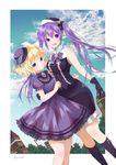  absurdres black_gloves black_legwear blonde_hair dress gloves gochuumon_wa_usagi_desu_ka? green_eyes hair_ornament highres karinto_yamada kirima_sharo long_hair looking_at_viewer multiple_girls purple_dress purple_eyes purple_hair short_hair tedeza_rize twintails 