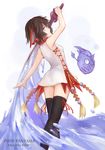  1girl black_hair black_legwear blue_eyes dress fish hair_ornament highres holding holding_sword holding_weapon lace lace-trimmed_thighhighs pixiv_fantasia pixiv_fantasia_fallen_kings red_ribbon ribbon short_hair solo sword thighhighs weapon white_dress 