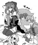  ahoge animal_ears bad_id bad_pixiv_id blush blush_stickers breasts character_doll choker claws collar cuddling drooling ears_down fang fate/extra fate/grand_order fate_(series) fox_ears fox_tail fujimaru_ritsuka_(female) greyscale hiiragi_(jhug8877) hug japanese_clothes kiyohime_(fate/grand_order) knitting large_breasts long_hair monochrome multiple_girls nero_claudius_(fate) nero_claudius_(fate)_(all) ponytail short_hair side_ponytail sitting smile sweatdrop tail tail_hug tamamo_(fate)_(all) tamamo_cat_(fate) tamamo_no_mae_(fate) twintails yarn yarn_ball 