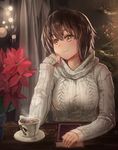  absurdres aran_sweater bangs book breasts brown_eyes brown_hair christmas_tree commentary cup curtains flower hagiwara_yukiho hair_between_eyes hand_on_own_cheek highres hot_chocolate idolmaster idolmaster_(classic) indoors jewelry large_breasts looking_to_the_side older original plaster_(2501) poinsettia red_flower ribbed_sweater ring saucer short_hair smile solo sweater table teacup turtleneck vase 