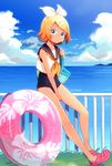  against_railing bag blonde_hair blue_eyes blue_sky bow cloud commentary crocs day fence grass hair_ornament hairclip handbag highres inflatable_toy kagamine_rin leaning_on_object legs looking_at_viewer nokuhashi ocean outdoors railing sailor_collar school_swimsuit short_hair sky solo swimsuit tan vocaloid 