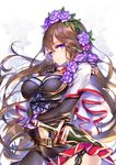  asymmetrical_clothes bangs black_gloves breasts brown_hair capelet closed_mouth commentary_request cowboy_shot elbow_gloves eyelashes floating_hair floral_background flower frills from_side gloves granblue_fantasy hair_between_eyes hair_flower hair_ornament hand_to_own_mouth hong_(white_spider) large_breasts long_hair looking_at_viewer looking_to_the_side navel navel_cutout purple_eyes purple_flower purple_rose rose rosetta_(granblue_fantasy) sheath sheathed short_sword single_pantsleg smile solo stenciled_rose stomach sword thorns very_long_hair weapon white_background 