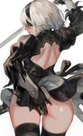  aoin ass back black_dress blindfold blush covering covering_ass cowboy_shot dress gloves highres mole mole_under_mouth nier_(series) nier_automata panties silver_hair skirt solo sword thighhighs underwear weapon yorha_no._2_type_b 