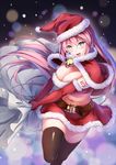  :d arm_tattoo bangs bell belt bit_(keikou_syrup) black_legwear blue_eyes blurry blush bokeh breasts capelet christmas depth_of_field elbow_gloves eyebrows_visible_through_hair floating_hair fur_trim gloves hair_between_eyes hat holding large_breasts leg_up long_hair megurine_luka midriff miniskirt navel number open_mouth red_gloves red_hat red_skirt sack santa_costume santa_hat skirt smile solo standing standing_on_one_leg stomach tattoo thighhighs v_arms very_long_hair vocaloid zettai_ryouiki 