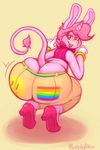  bent_over boon_(vimhomeless) bow_tie butt clothing equine footwear fur gloves high_heels horn looking_at_viewer mammal nargleflex pants pink_fur raised_tail shoes simple_background unicorn wide_hips 