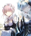  2girls ^_^ bangs blue_hair blush closed_eyes collar detached_collar detached_sleeves frilled_collar frilled_sleeves frills hair_ornament hair_over_one_eye hair_ribbon hand_up highres holding looking_at_another maid maid_headdress multiple_girls natsuki_subaru open_mouth petting pink_hair ram_(re:zero) re:zero_kara_hajimeru_isekai_seikatsu red_eyes red_ribbon rem_(re:zero) ribbon siblings simple_background sisters smile twins umibouzu_(niito) white_background wide_sleeves x_hair_ornament 