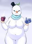  2014 big_breasts breasts carrot clothing cup female food gloves hat hi_res humanoid meganemausu mostly_nude not_furry scarf smile snowman solo vegetable 