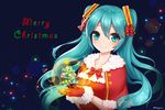  ankkoyom aqua_eyes aqua_hair christmas_tree hatsune_miku highres long_hair merry_christmas santa_costume smile solo twintails vocaloid 