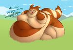  2016 belly big_belly brantonisme brown_fur english_text feral food fur furret male mammal moobs morbidly_obese nintendo nipples obese open_mouth overweight overweight_male pok&eacute;mon simple_background solo sweat tan_fur text tongue video_games 