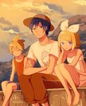  2boys barefoot blonde_hair blue_eyes blue_hair bored bow closed_eyes collarbone commentary crossed_arms dress evening expressionless eyebrows eyebrows_visible_through_hair hair_ornament hairclip hand_on_own_face hat hill kagamine_len kagamine_rin kaito multiple_boys nokuhashi outdoors shirt short_hair shorts sitting sleeveless sleeveless_dress sun_hat sundress sunset thighs vocaloid white_dress 