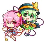  :d black_hat black_legwear blouse blue_blouse blush_stickers bow chibi frilled_sleeves frills full_body green_hair green_skirt hair_between_eyes hair_ornament hairband hat hat_bow heart heart_hair_ornament komeiji_koishi komeiji_satori long_sleeves looking_at_viewer multiple_girls one_eye_closed open_mouth pink_hair pink_skirt red_footwear renren_(ah_renren) shoes short_hair simple_background skirt sleeves_past_wrists smile third_eye touhou white_background white_legwear wide_sleeves yellow_blouse yellow_bow 