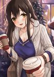  akagi_(kantai_collection) bangs blouse blue_blouse blurry blush breasts brown_eyes brown_hair cardigan christmas_tree cleavage coffee_cup commentary_request cup depth_of_field disposable_cup eyebrows_visible_through_hair fukuroumori hair_between_eyes holding holding_cup kantai_collection large_breasts leaning_forward long_hair looking_at_viewer open_mouth outdoors smile snow solo watch wristwatch 