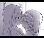  ahoge blush commentary eye_contact full-face_blush hair_over_one_eye half-closed_eyes kiss kounosu_satori letterboxed long_hair looking_at_another monochrome multiple_girls original school_uniform serafuku sketch yuri 