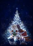  ayase_eli bad_id bad_pixiv_id belt blonde_hair blue_legwear boots capelet cheek_kiss christmas christmas_tree frilled_skirt frills fur-trimmed_boots fur-trimmed_capelet fur_trim hair_bobbles hair_ornament ice kiss knee_boots kneeling long_hair love_live! love_live!_school_idol_project multiple_girls night over-kneehighs ponytail purple_hair purple_legwear red_footwear reflection shino_(shinderera) signature sitting skirt snowflakes snowing striped striped_legwear thighhighs toujou_nozomi vertical-striped_legwear vertical_stripes wristband yuri zettai_ryouiki 